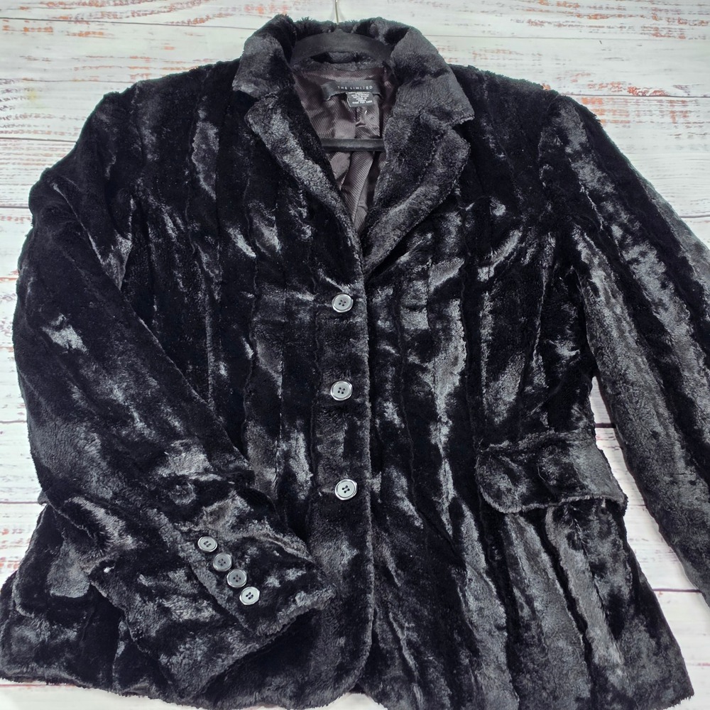The Limited Faux Fur Jacket Women L Black Excellent Soft Plush Button Front